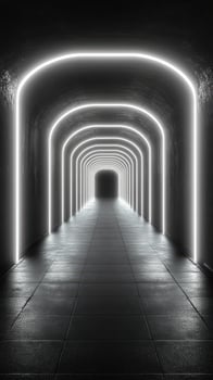 Illuminated tunnel with glowing arches creates a mysterious pathway in dark surroundings photo