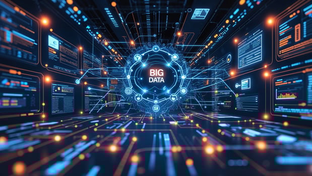 Exploring big data in a futuristic digital environment filled with glowing elements and intricate patterns photo