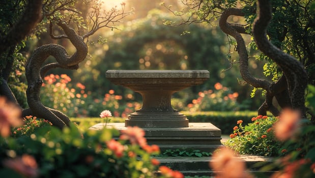 Serenity in a blooming garden with a stone fountain during golden hour photo
