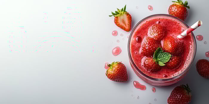 Refreshing strawberry smoothie with fresh berries and mint on a light background photo