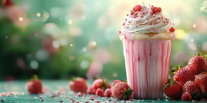 Delicious strawberry cupcake with raspberry frosting and colorful sprinkles in a sunny garden setting photo