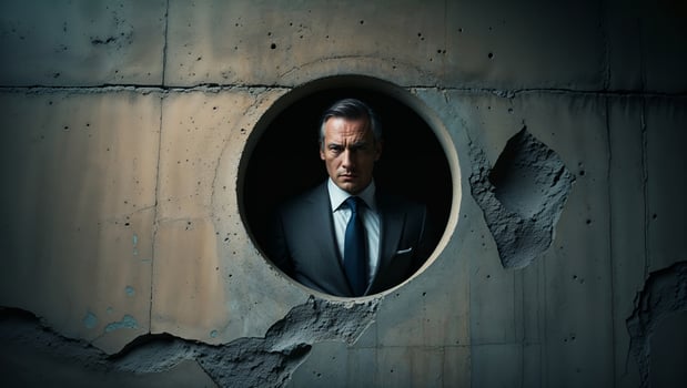 Man in a suit peers through a circular opening in a weathered concrete wall during twilight photo