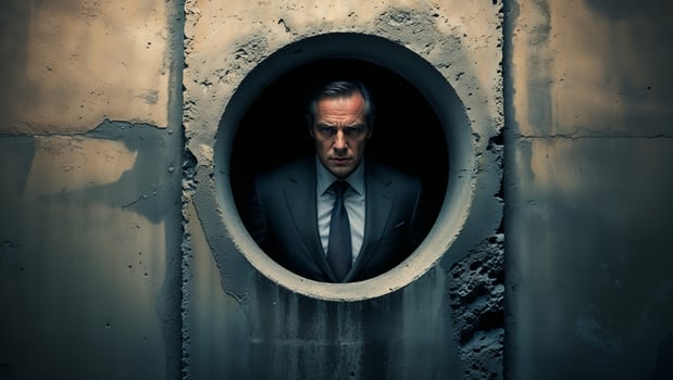 Mysterious figure in a suit peering through a concrete circular opening in an industrial setting at dusk photo