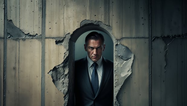 Serious businessman emerges from a damaged wall in a gritty urban environment during early evening photo