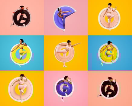 A vibrant collage displays millennials engaged in various fitness activities. Each figure embodies a unique exercise pose, set against colorful backgrounds, promoting a healthy lifestyle. photo