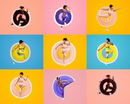 A colorful collage depicts diverse individuals engaged in athletic workouts, showcasing fun and energetic fitness routines. The backdrop features bold hues emphasizing their healthy lifestyles. photo