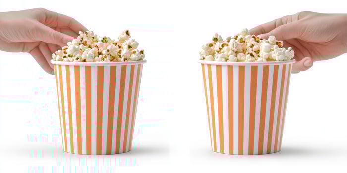 Sharing a large bucket of popcorn between two hands in a cozy setting perfect for movie night or a fun snack time photo