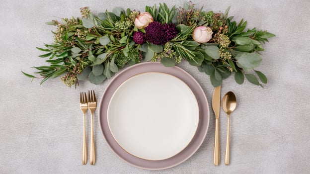 A white plate with a pink plate, gold forks and silverware photo