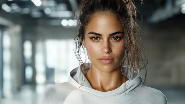 confident woman with natural look in modern gym setting photo