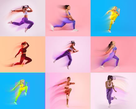 Athletic individuals are captured in motion, each immersed in different workout activities. Vibrant background colors enhance their dedication to a healthy lifestyle and fitness pursuits. photo