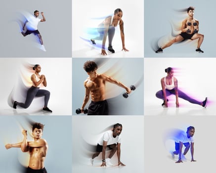 Group of millennials engaged in various athletic activities highlighting strength, agility, and fitness. photo
