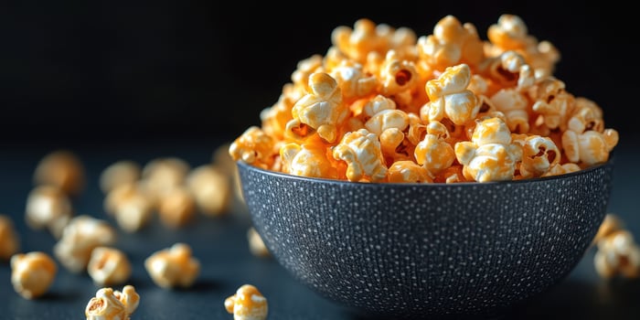 Freshly popped popcorn in a gray bowl with scattered kernels in a dark setting at home photo