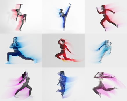 This vibrant collage features multiple individuals engaged in various athletic activities, showcasing their fitness routines with energy and movement against an isolated background. photo