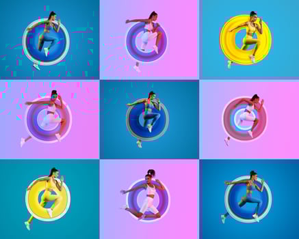 A vibrant collage showcases diverse individuals in various athletic poses, celebrating fitness and healthy lifestyle choices. Each athlete expresses their unique style against colorful backgrounds. photo
