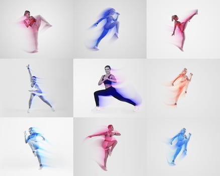 This collage features various individuals engaged in athletic activities, showcasing dynamic movements and fitness poses. Each person represents a healthy lifestyle in a colorful and energetic way. photo