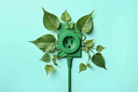 Green energy concept with green plug and green leaves on blue background photo