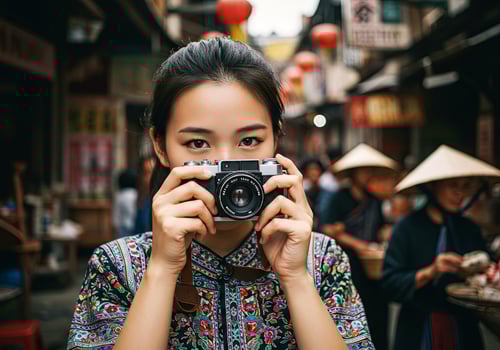 A woman taking a photo with an old camera