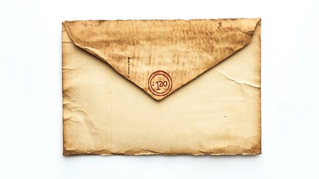 Detailed Top View of Antique Parchment Envelope with Stained Texture on White Backdrop photo