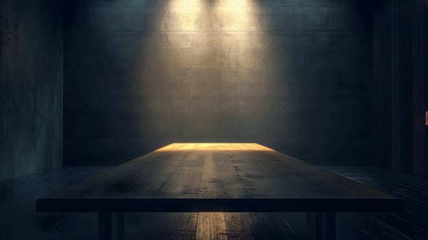 Mysterious illuminated table inside a modern room with dramatic lighting and shadows. photo