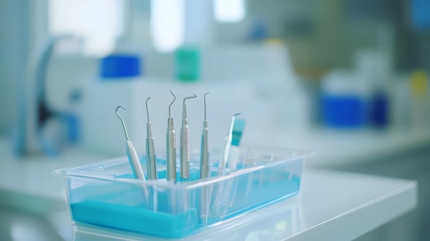 Dental instruments on a tray, ready for the dentist to use during the teeth examination process photo