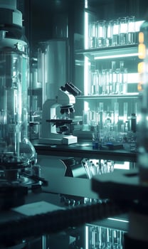 A luminous and intricate illustration of a futuristic scientific laboratory setting scenery photo