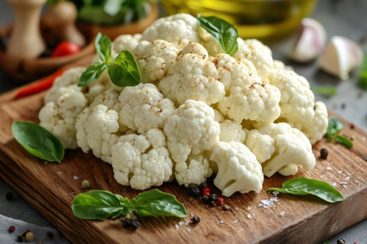 Fresh cauliflower with basil and spices resting on wooden cutting board photo
