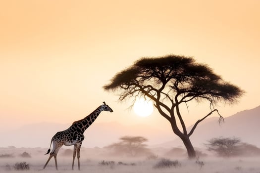 Giraffe walking in african savanna at sunrise near acacia tree photo
