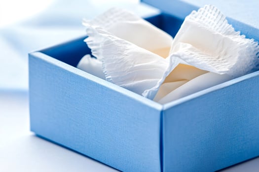 Delicate white wrapping paper inside a light blue gift box photo