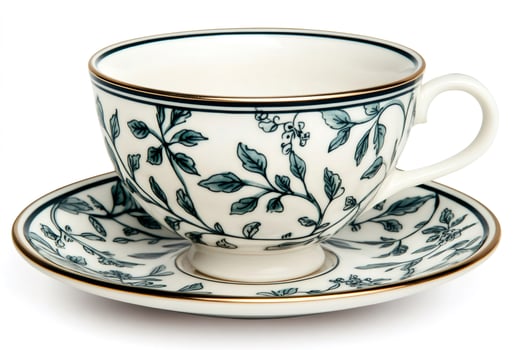 Empty teacup with saucer decorated with floral ornament standing on white background photo