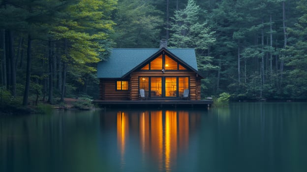 Cozy wooden cabin reflecting on calm lake at twilight in the forest photo