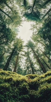 Looking up at towering pine trees in a lush forest, capturing the serene beauty of nature from a unique ground perspective. photo