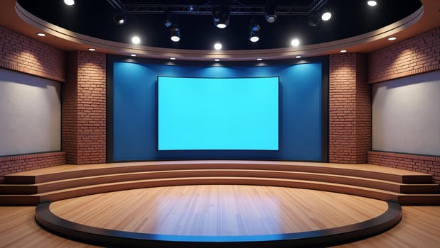 A stage with a blue screen in front of it photo