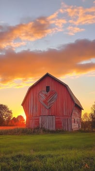 A picturesque rustic red barn featuring a heart design stands against a stunning sunset. This tranquil scene captures the beauty of rural life and nature. photo