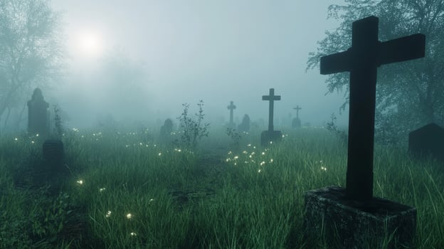 A cemetery with a cross and a few other crosses. The grass is green and the sky is cloudy photo