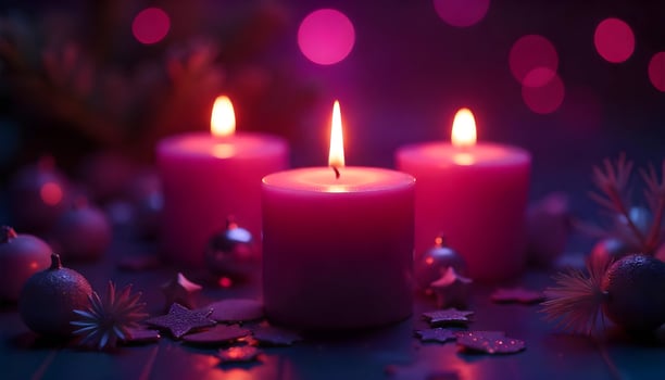 Three Pink Candles with Glowing Flames in Festive Holiday Decor photo