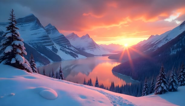 Stunning Sunset Over a Scenic Snow-Covered Mountain Lake Landscape photo