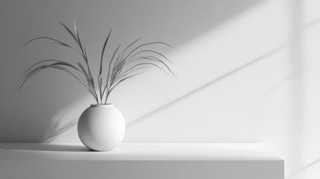 A simple white vase with a green plant on a sunlit shelf, showcasing minimalist interior design and natural lighting. photo