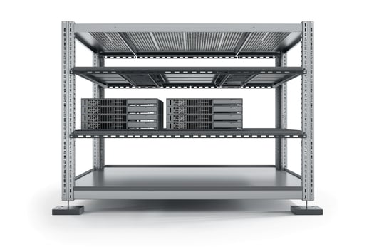 A modern server rack featuring multiple storage shelves and servers in a clean, industrial setting. photo