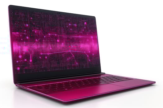 Sleek laptop showcasing vibrant pink digital interface, symbolizing technology and innovation. photo