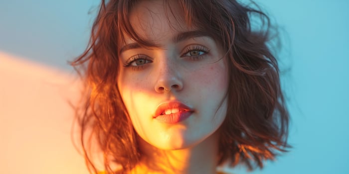 Close-up portrait of a young woman with curly hair, illuminated by soft, warm light creating an intimate and serene atmosphere. photo