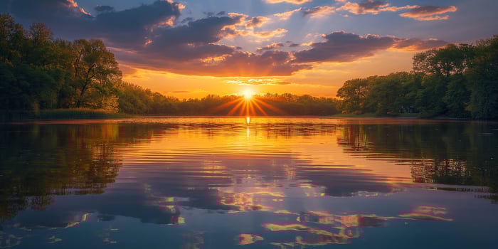 A stunning sunset over a tranquil lake, with vibrant colors reflecting in the water. photo