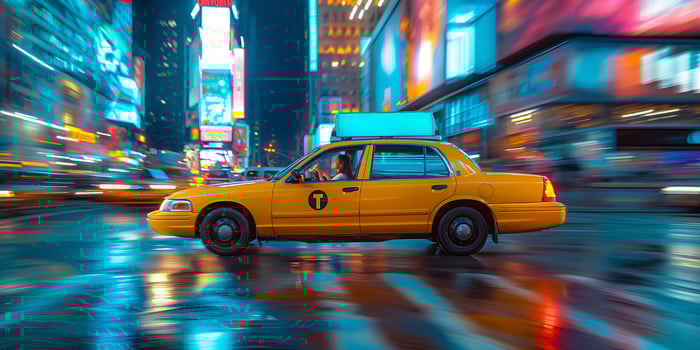 A dynamic shot of a yellow taxi speeding through a vibrant, illuminated cityscape at night, showcasing urban energy. photo