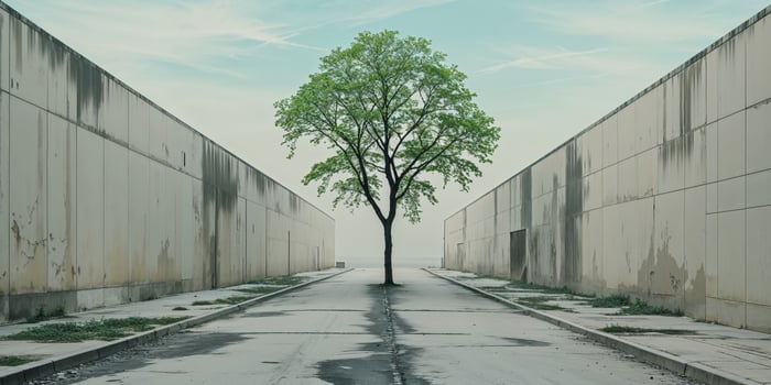 A lone tree stands alone in an empty street photo