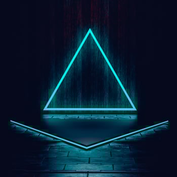 3D A dark and moody scene featuring a blue neon triangle against a wall, reflected in a surface with platform beneath. photo