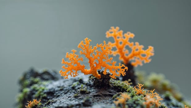 A close up of a small orange lichen on a rock photo