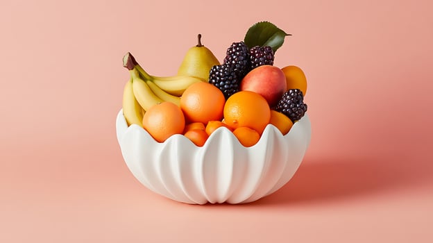 A bowl filled with fruit on a pink background photo