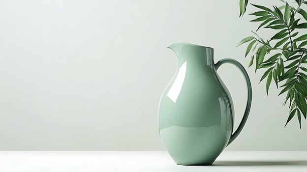 A green vase with a plant in front of it photo