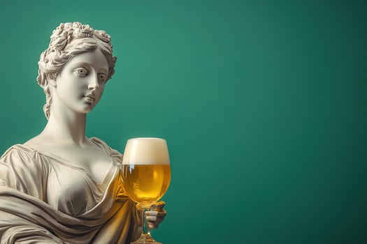 greek antique female goddess sculpture holding glass of tasty fresh golden beer on green background with copy space photo
