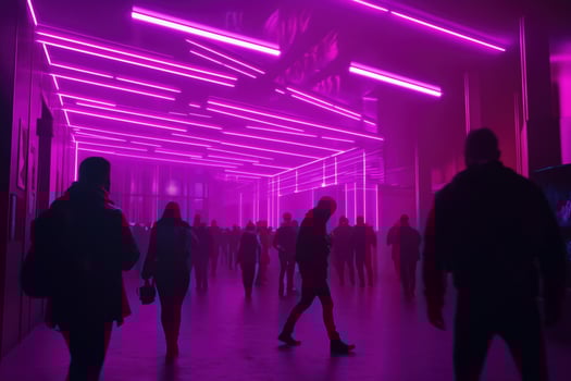 A crowd moves through a vibrant hallway lit with neon purple for a modern effect. photo