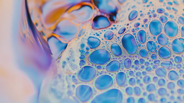 Iridescent bubbles create an abstract pattern with blue and purple translucent hues. photo